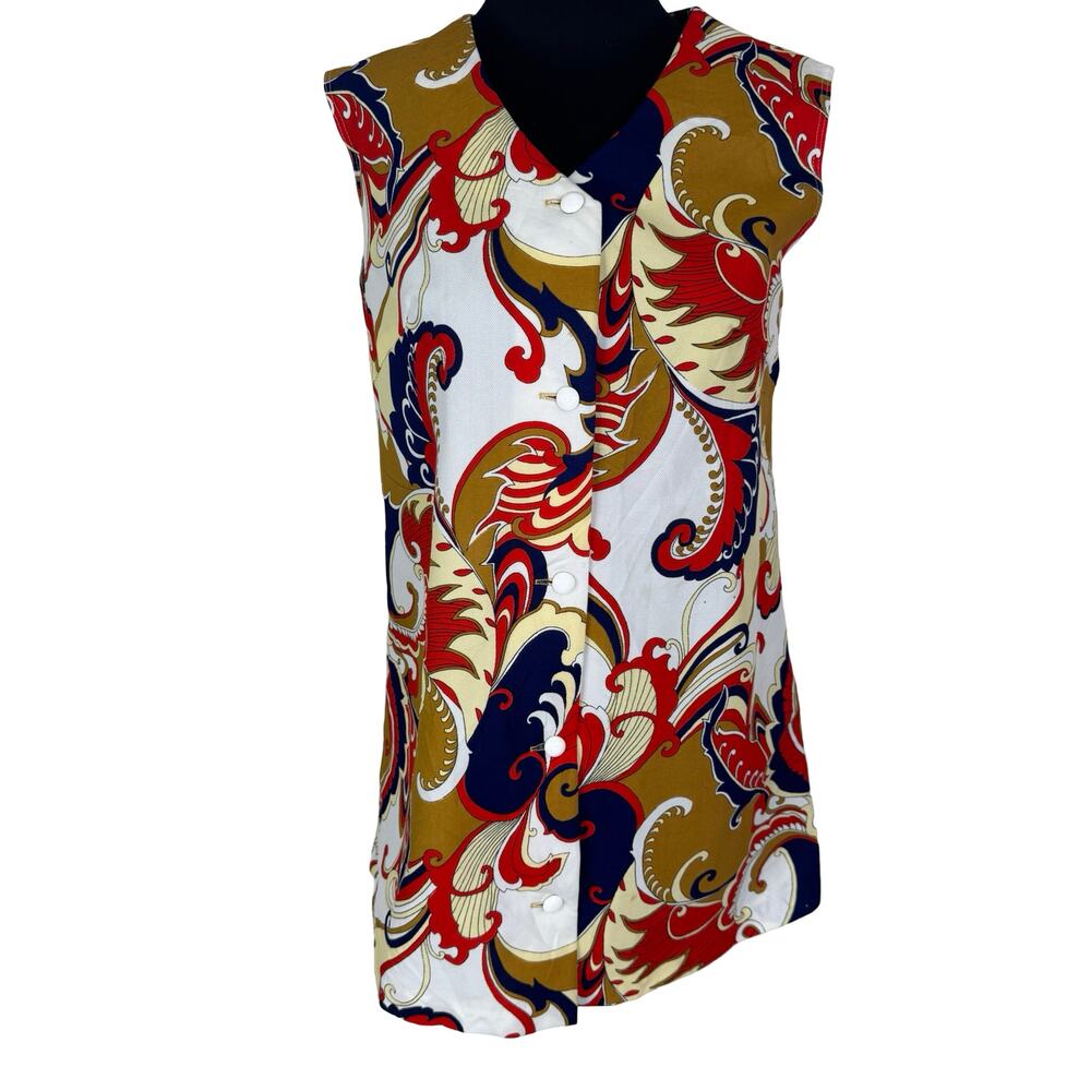 Vintage 70s Psychedelic Paisley Tunic Top Mod Paisley Red White Blue Sleeveless